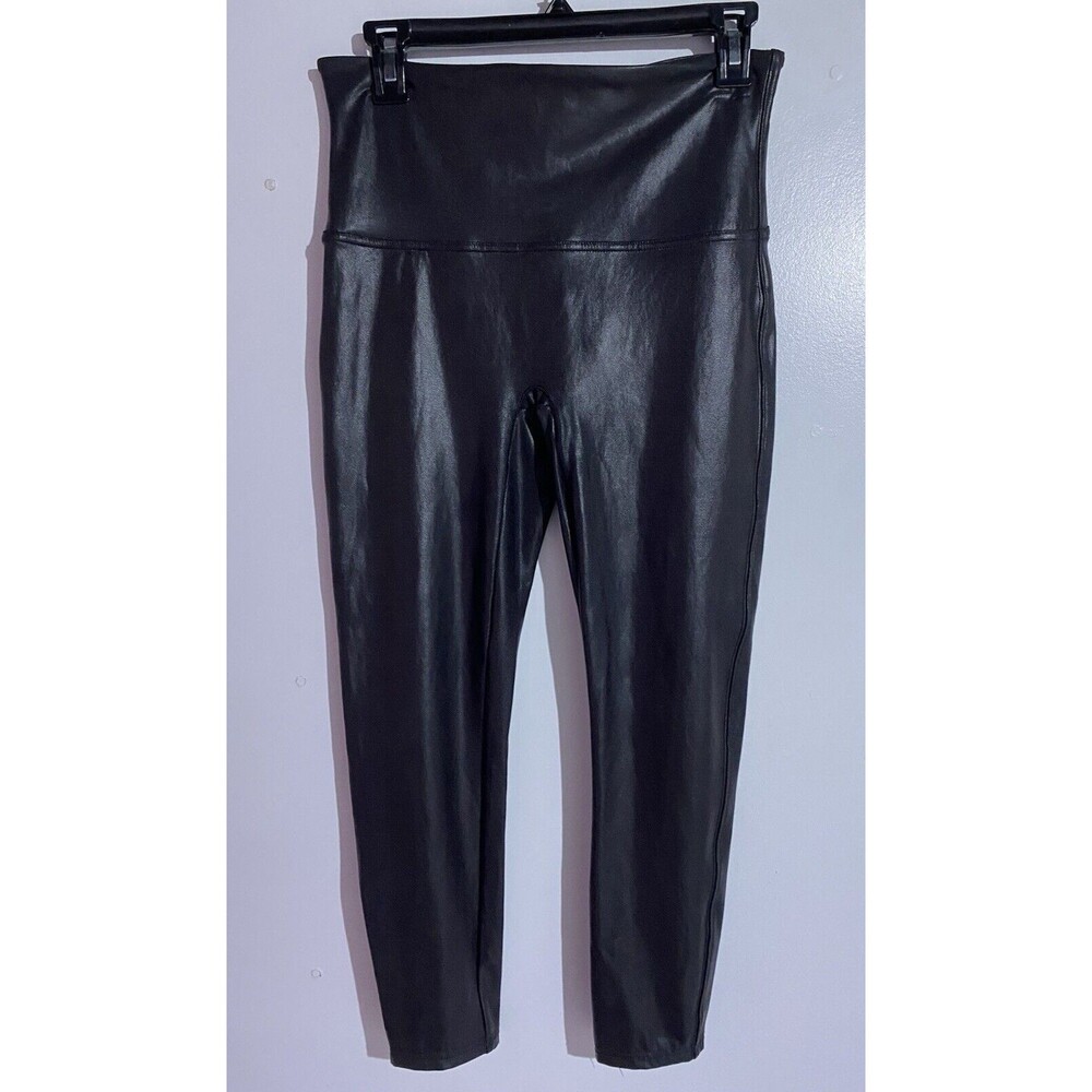 Spanx Leggings XL Black Faux Leather Slimming Tummy Control Compression Mobwife - Picture 1 of 10